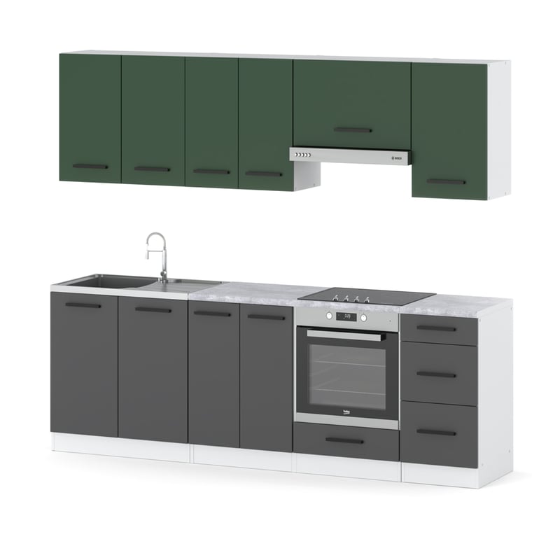 Meble kuchenne nowoczesne modułowe blat 2.4m biała butelkowa zieleń szary