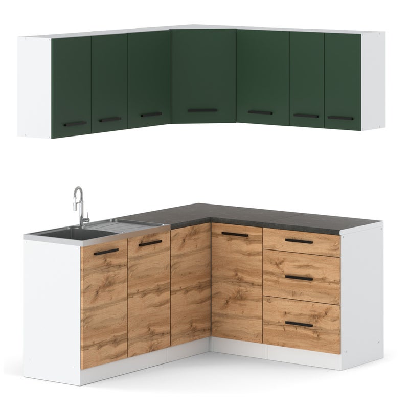 Kuchnia narożna modułowa z blatem danka 3.2m biały butelkowa zieleń wotan