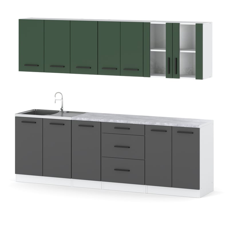 Kuchnia modułowa nowoczesna z blatem 2.6m biały butelkowa zieleń szary mat