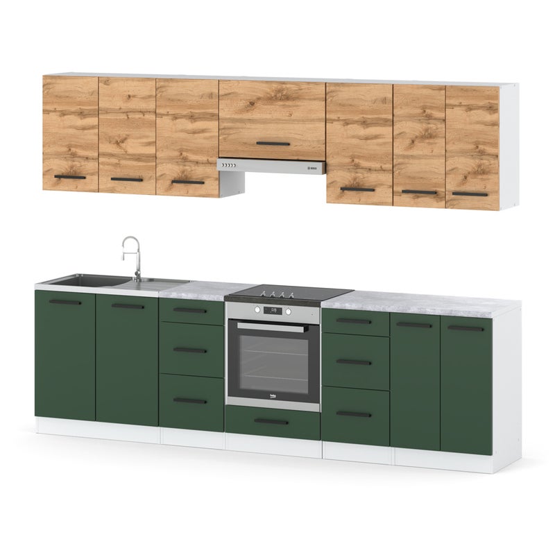Kuchnia duża piekarnik nowoczesna 2.8m biały dąb wotan butelkowa zieleń