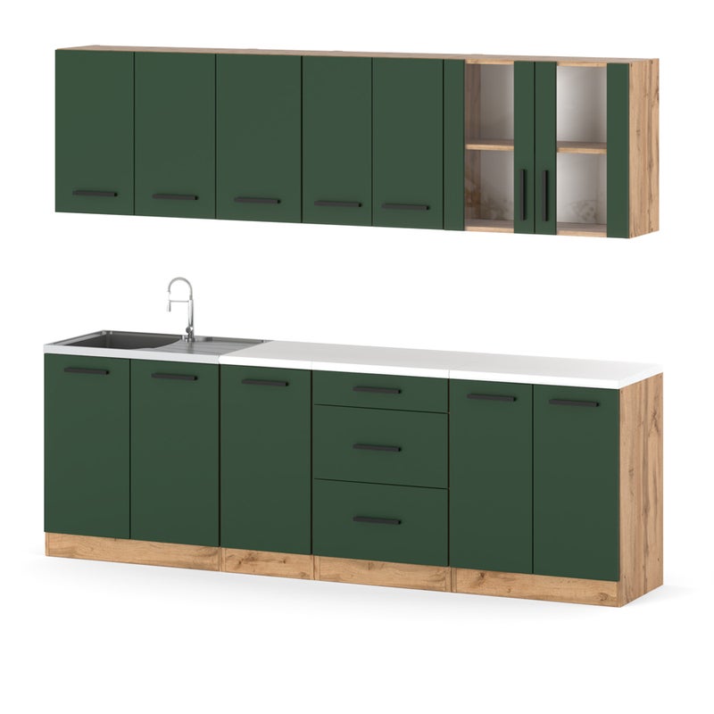 Meble kuchenne remino 2.6m szafki modułowe nowoczesne butelkowa zieleń