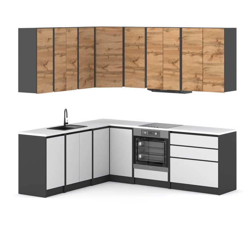 Kuchnia bella narożna z blatem pojemna piekarnik 4.4m szary wotan biały mat