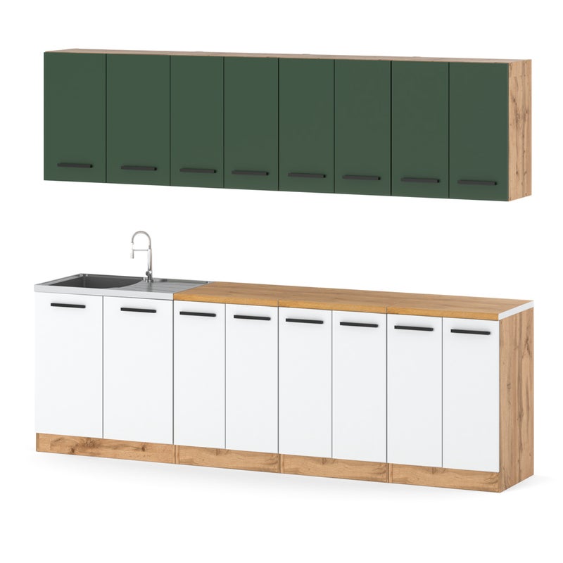 Kuchnia z blatem duża modułowa vero 2.6m wotan butelkowa zieleń biała mat