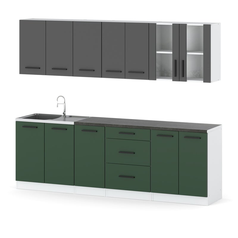 Kuchnia duża 2.6m nowoczesna z blatem duża biały szary butelkowa zieleń