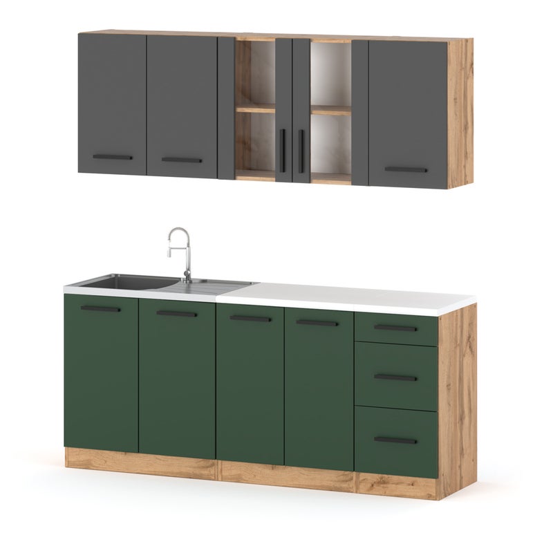Kuchnia rest modułowa nowoczesna z blatem 2.0m wotan szary butelkowa zieleń