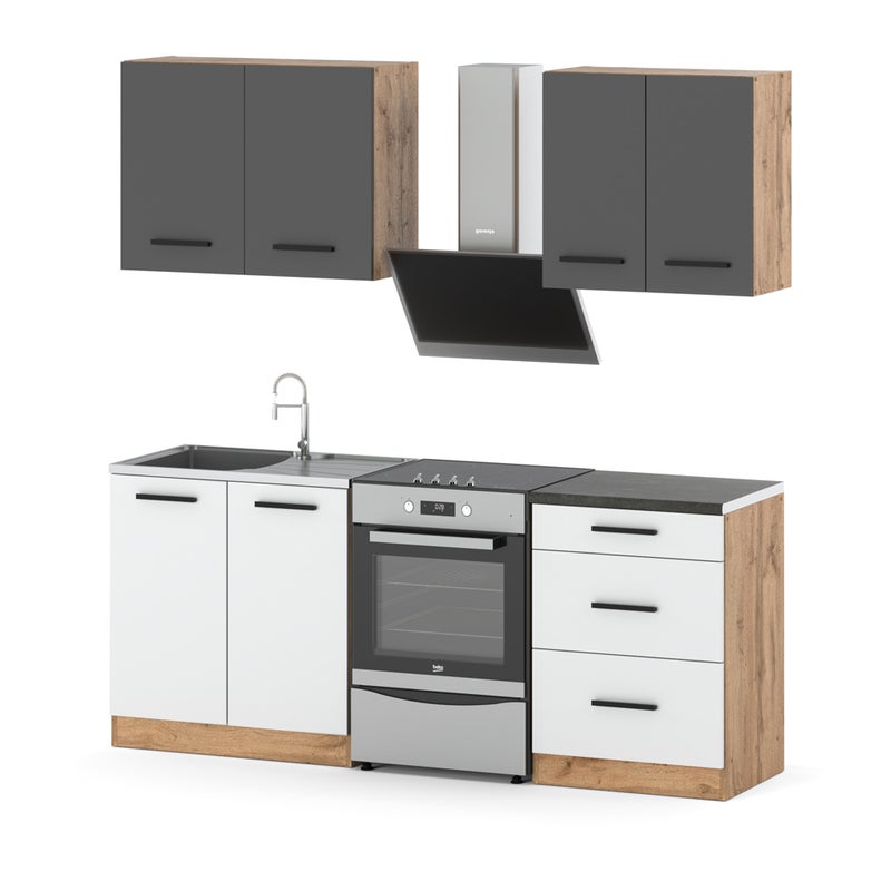 Zestaw mebli kuchennych modułowy z blatem mały 2m wotan szary biały mat