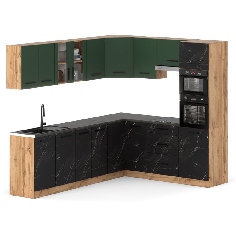 Kuchnia narożna z blatem modułowa 4.6m wotan butelkowa zieleń san sebastian