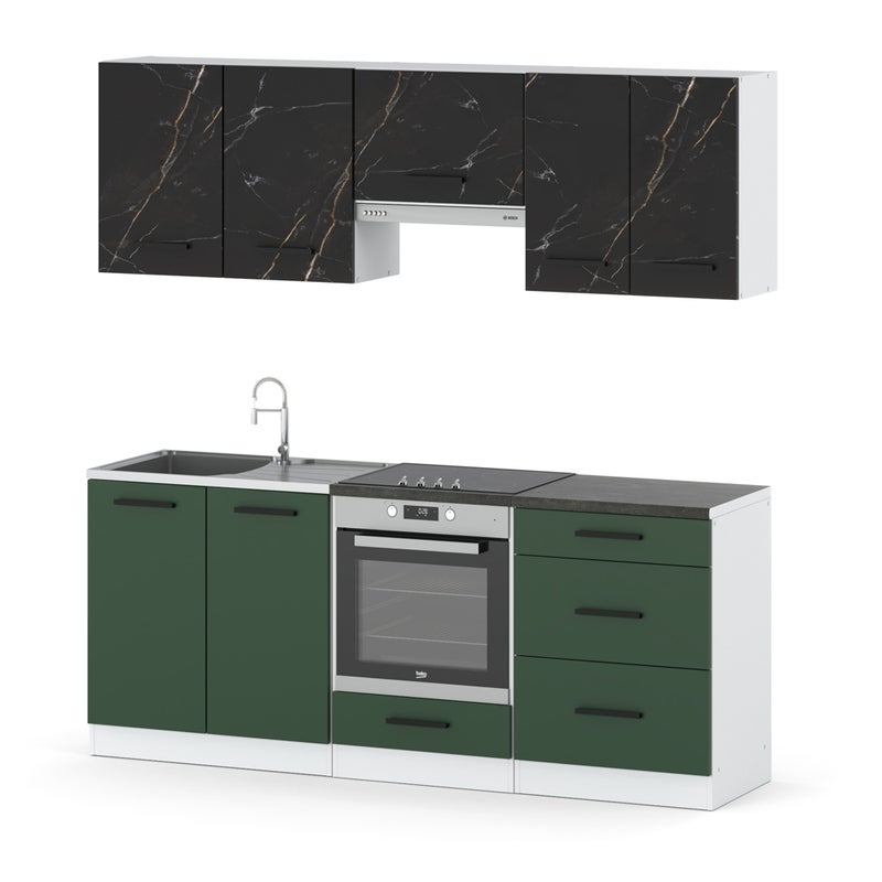 Kuchnia nowoczesna z blatem mała 2.0m biała san sebastian butelkowa zieleń