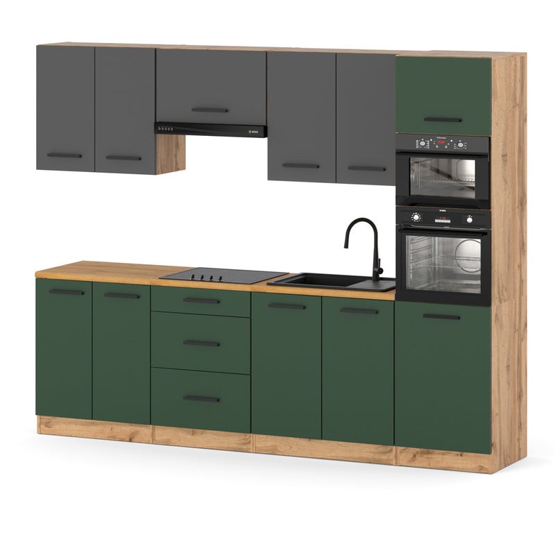 Kuchnia ze słupkiem nowoczesna z blatem 2.6m wotan szary butelkowa zieleń