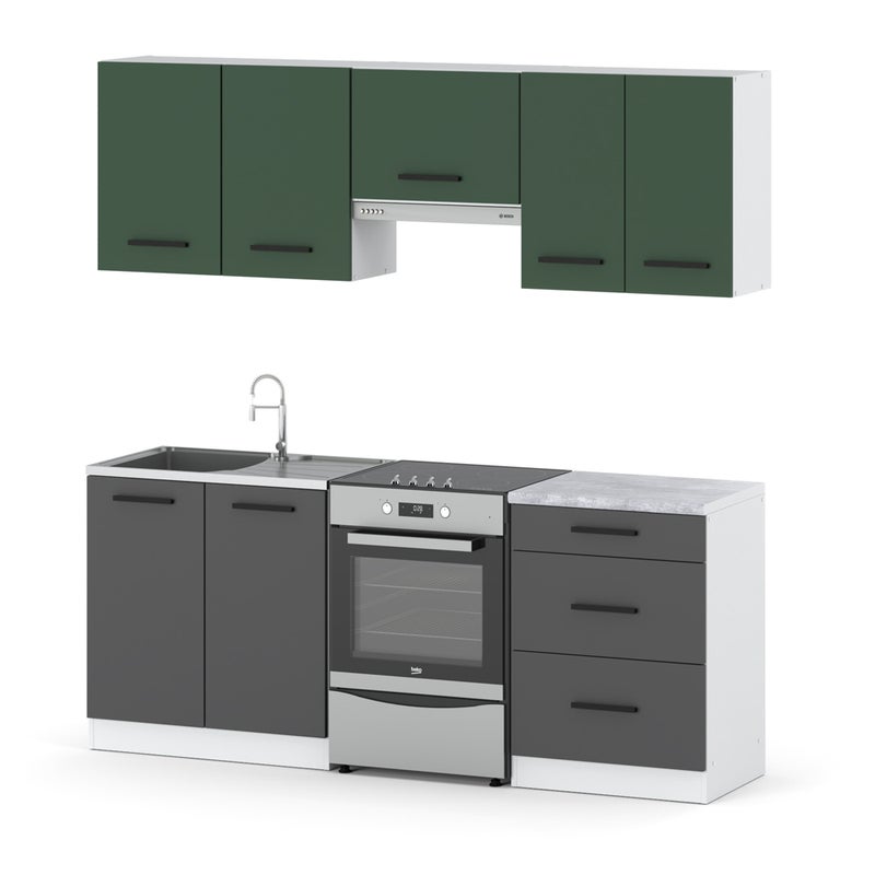 Kuchnia modułowa z blatem nowoczesna mała 2m biała butelkowa zieleń szary