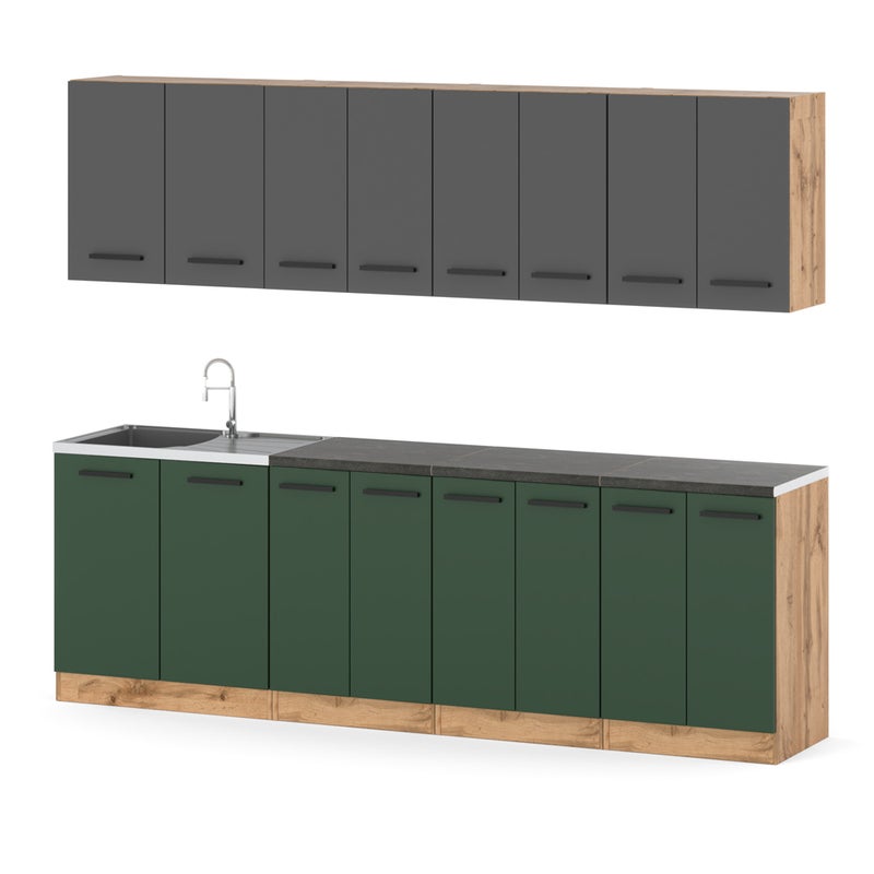 Kuchnia vero 2.6m modułowa nowoczesna blat wotan szara mat butelkowa zieleń