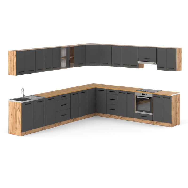 Meble kuchenne szare narożne nowoczesne kuchnia modułowa rossa 6.8m pojemna