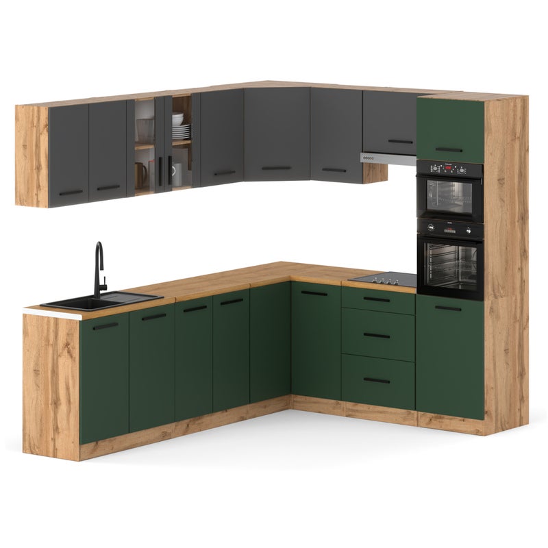 Kuchnia narożna marra 4.6m duża z blatem wotan szara mat butelkowa zieleń