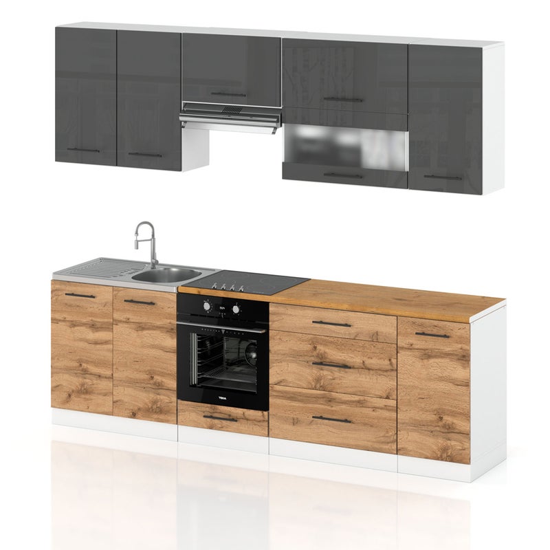 Meble kuchenne zestaw kuchnia marocco 2.6m modułowa szary połysk dąb wotan