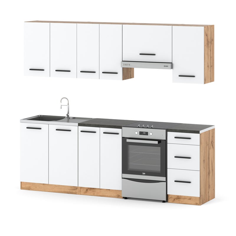 Meble kuchenne białe nowoczesne z drewnianymi blatami zestaw mokka 2.4m
