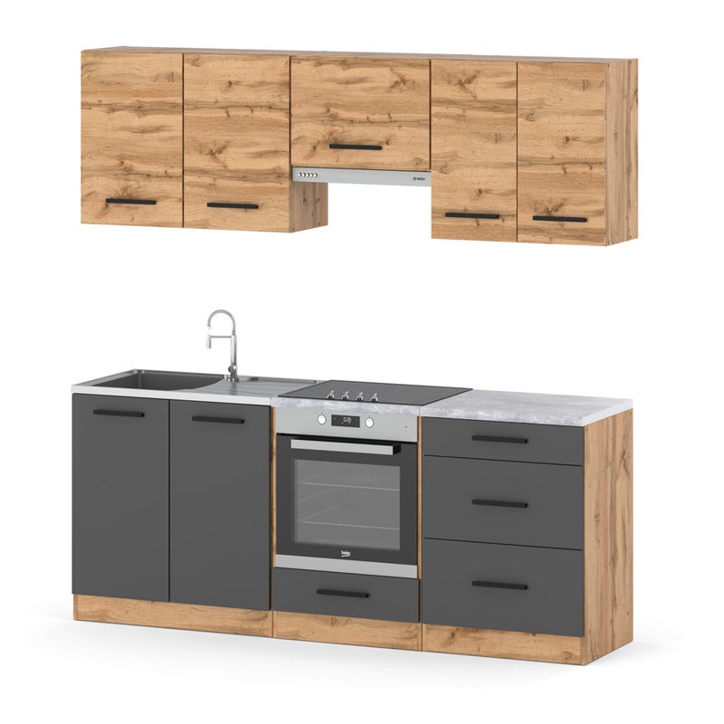 Kuchnia modułowa mała nowoczesna blat 2.0m drewniane wotan dąb wotan szary