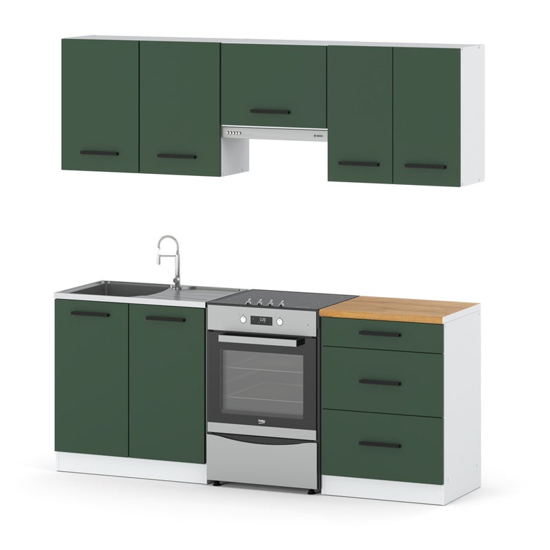 Zestaw kuchenny mały nowoczesny pojemny z blatem 2m biały butelkowa zieleń