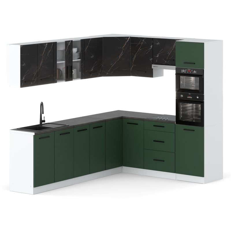 Kuchnia narożna modułowa z blatem 4.6m biała san sebastian butelkowa zieleń