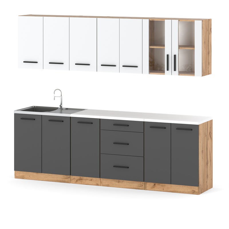 Kuchnia modułowa nowoczesna blat pojemna remino 2.6m wotan biała szara mat