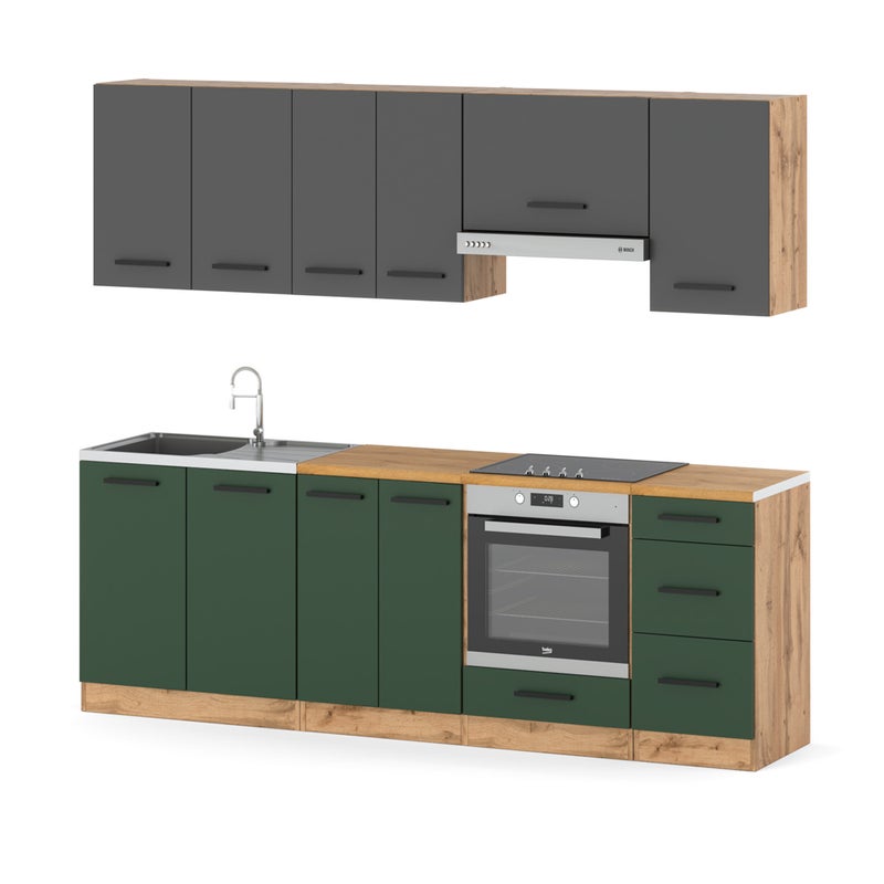 Kuchnia nowoczesna z blatem mała 2.4m pojemna wotan szara butelkowa zieleń