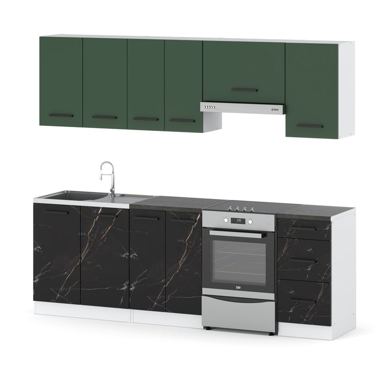 Kuchnia modułowa blat mokka 2.4m biały butelkowa zieleń san sebastian mała