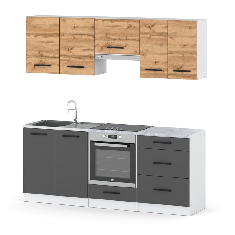 Meble kuchenne nowoczesne modułowe z blatem małe 2.0m białe dąb wotan szary