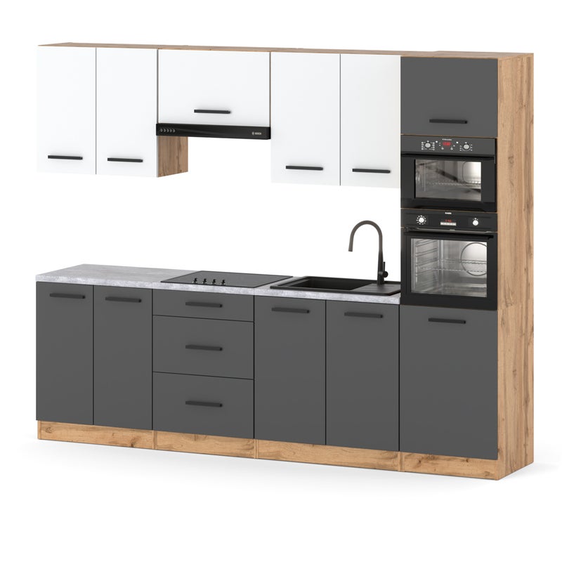 Kuchnia nowoczesna modułowa duża z blatem słupek 2.6m wotan biały szary