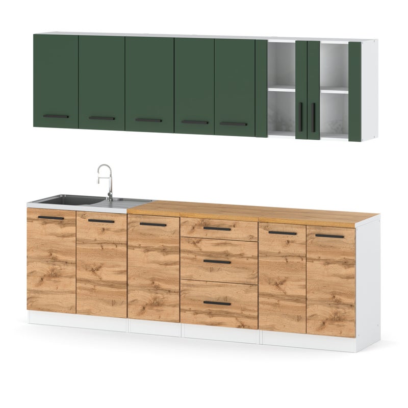 Kuchnia nowoczesna modułowa blat 2.6m remino biały butelkowa zieleń wotan