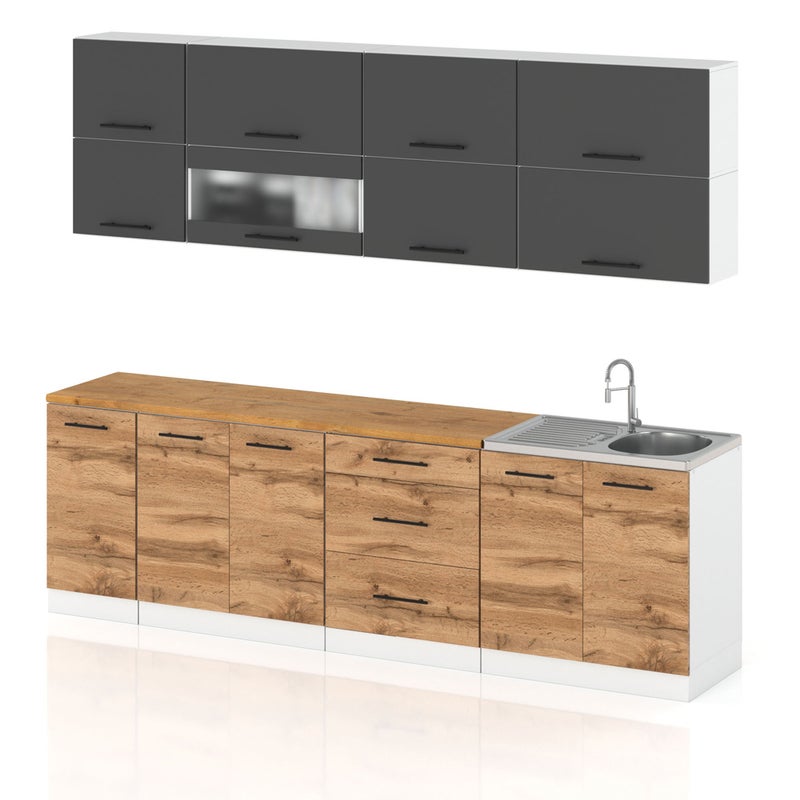 Meble kuchenne szare z drewnem kuchnia robo lux 2.6m modułowa dąb wotan