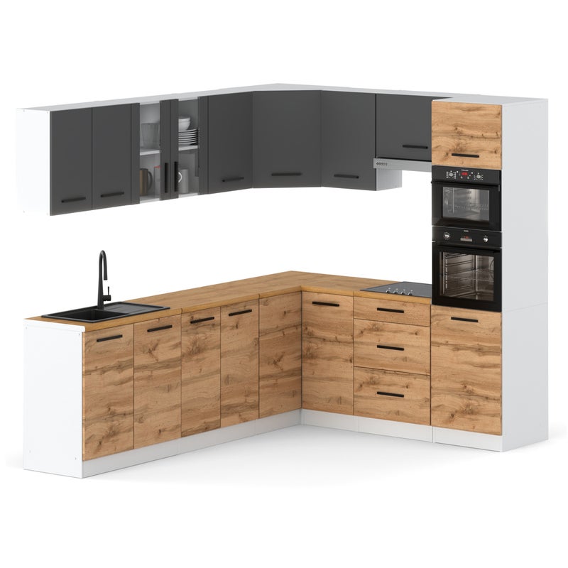 Kuchnia narożna z blatem marra 4.6m modułowa biała szara mat dąb wotan