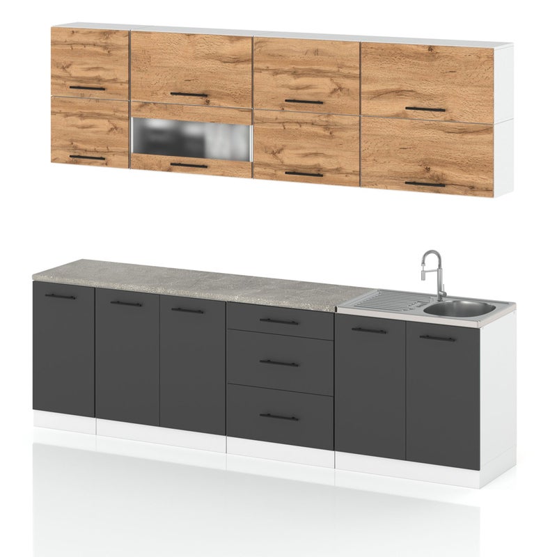 Meble kuchenne szare z drewnem kuchnia nowoczesna robo lux 2.6m wotan szary