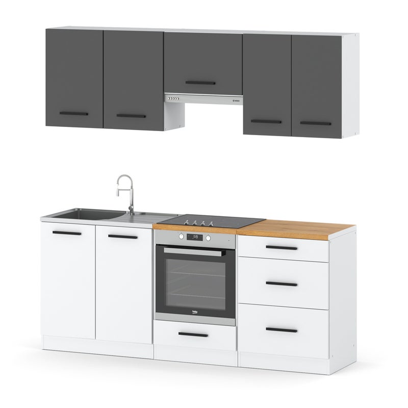 Meble kuchenne modułowe nowoczesne z blatem małe 2.0m biały szary biały mat