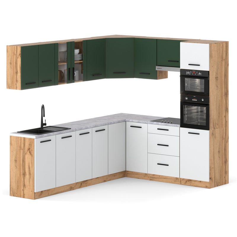 Kuchnia marra narożna duża z blatem 4.6m wotan butelkowa zieleń biała mat