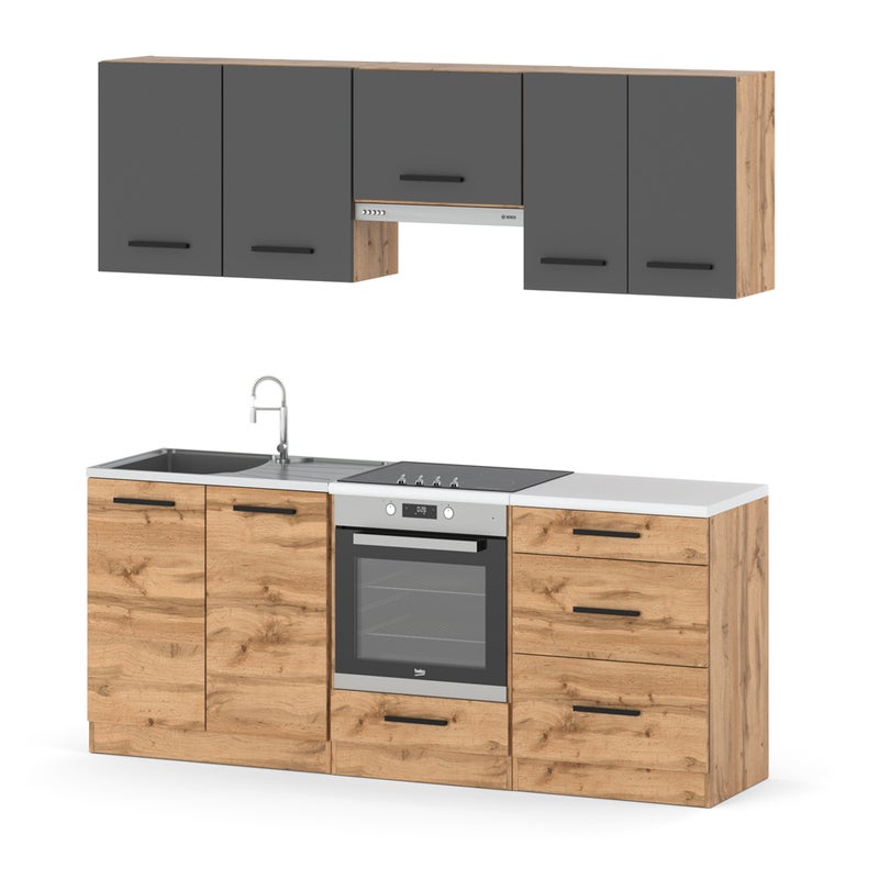 Kuchnia modułowa mała nowoczesna z blatem 2.0m wotan szary mat dąb wotan