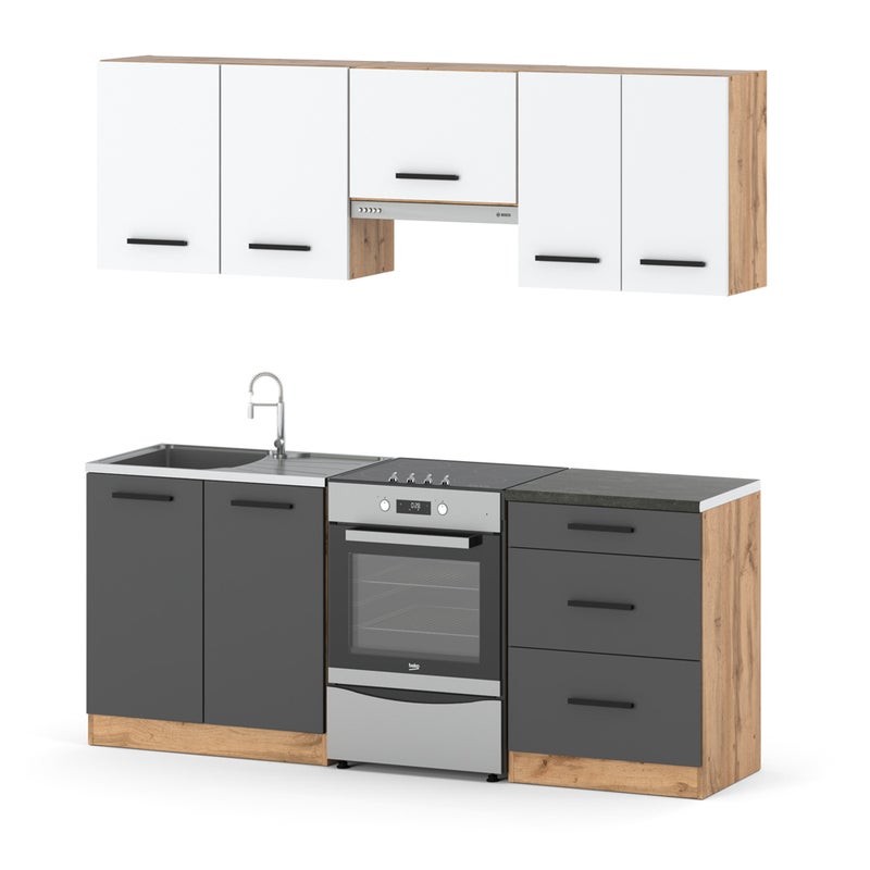 Kuchnia nowoczesna modułowa z blatem pojemna mała 2m wotan biała szara mat