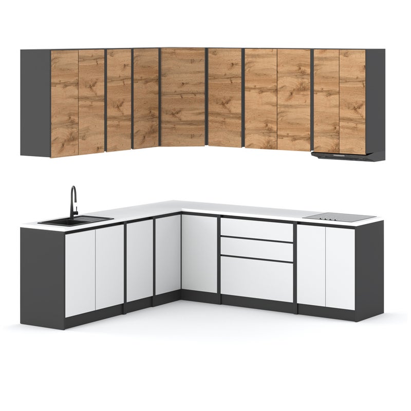 Kuchnia bella narożna duża z blatem nowoczesna 4.4m szary dąb wotan biały