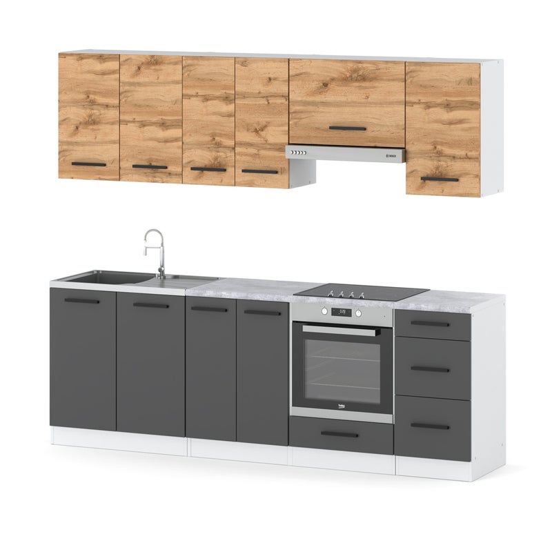 Meble kuchenne nowoczesna blat 2.4m modułowa pojemna biała dąb wotan szary