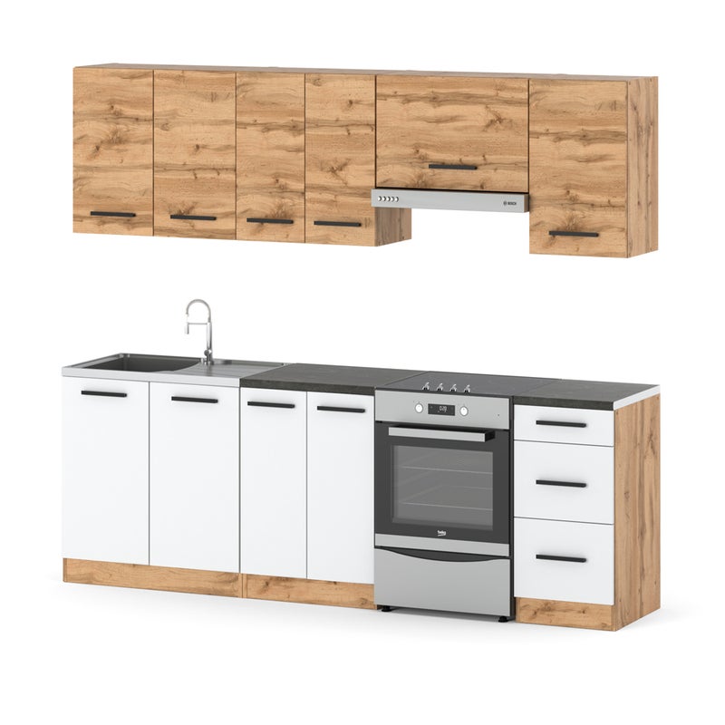 Meble kuchenne białe z drewnem zestaw mokka 2.4m nowoczesny modułowy