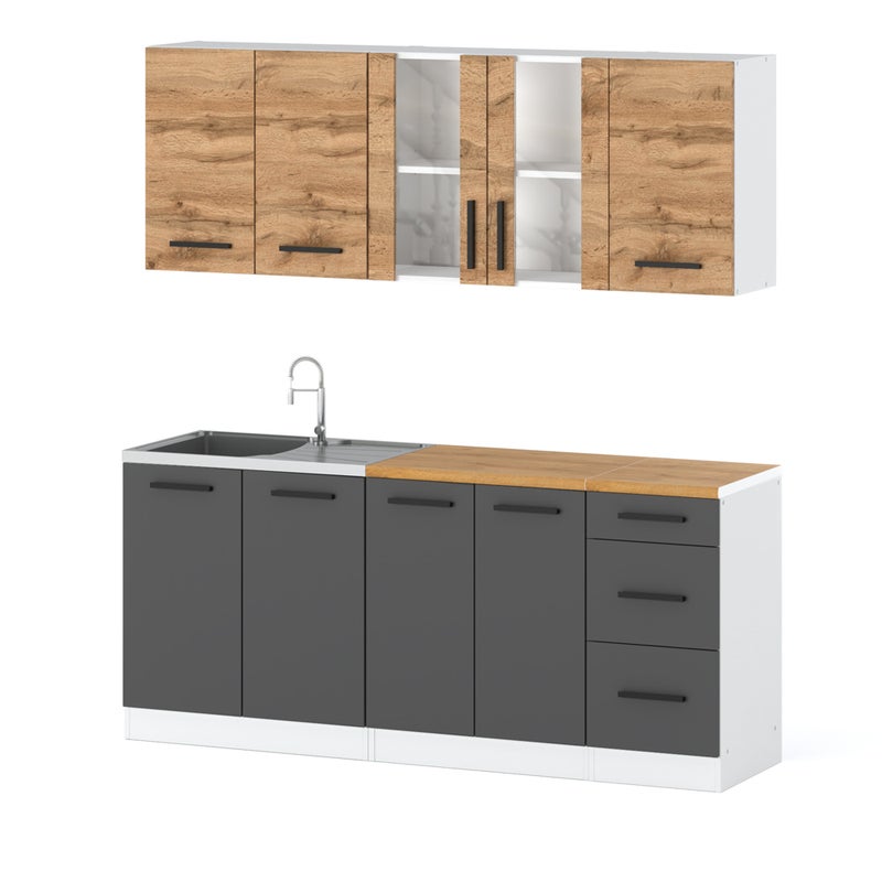 Meble kuchenne szare z drewnem kuchnia rest 2.0m nowoczesna dąb wotan