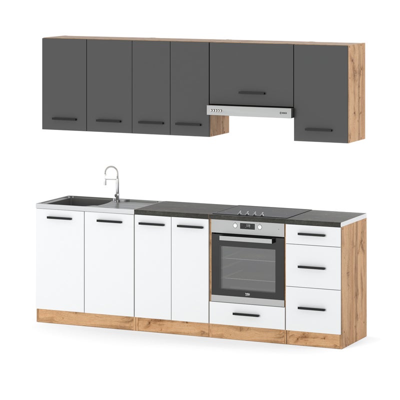 Kuchnia modułowa duża z blatem mokka plus 2.4m pojemny wotan szara biała