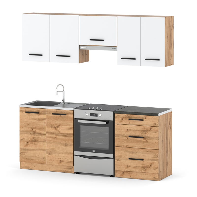 Kuchnia nowoczesna pojemna modułowa z blatem mała 2m wotan biała dąb wotan