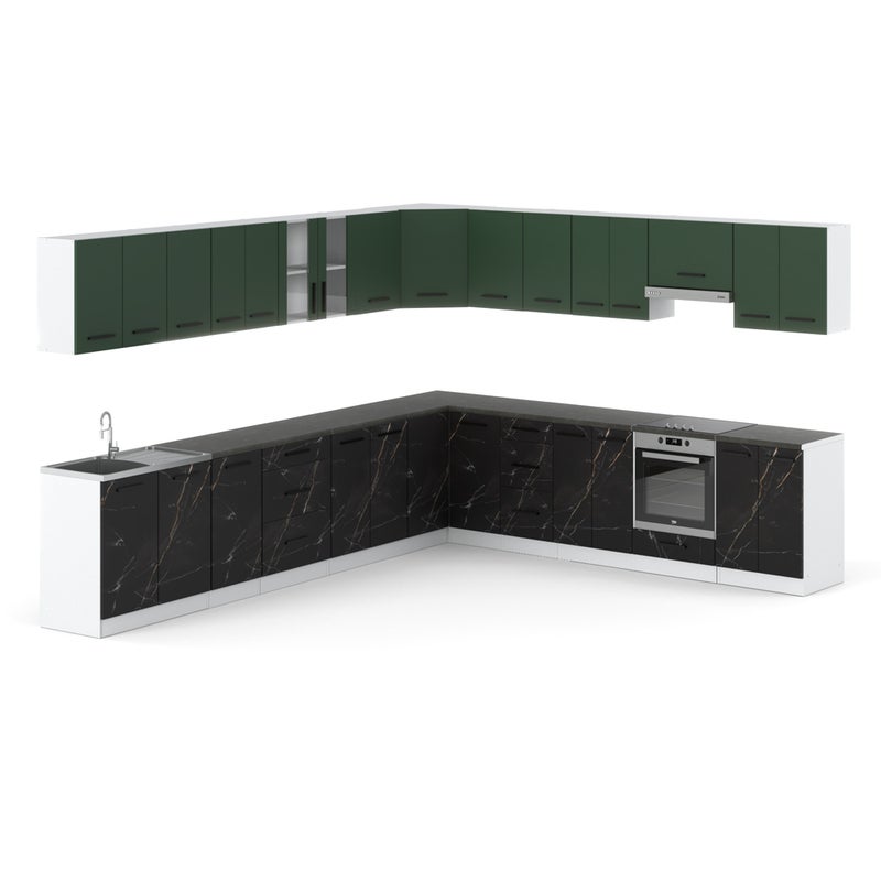 Kuchnia narożna pojemna z blatem 6.8m biała butelkowa zieleń san sebastian