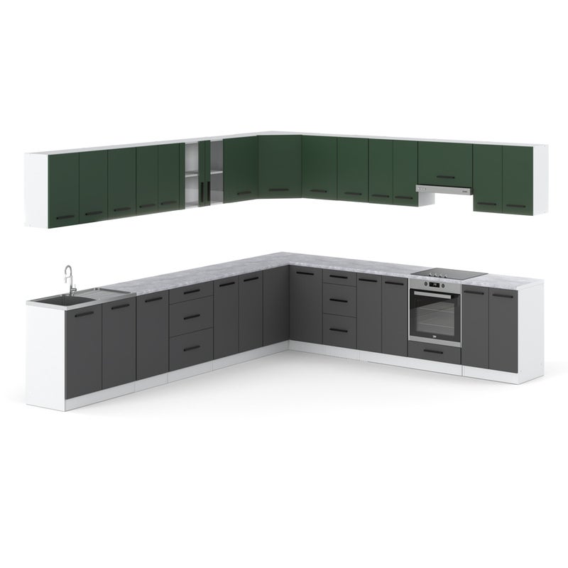 Kuchnia modułowa 6.8m nowoczesna narożna biała butelkowa zieleń szary mat