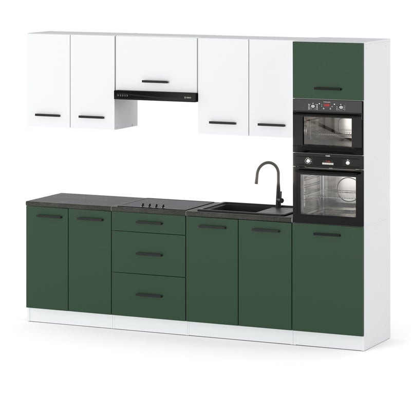 Kuchnia słupek modułowa nowoczesna duża 2.6m biały biały butelkowa zieleń