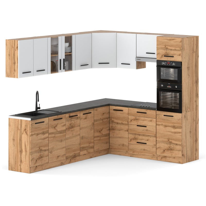 Kuchnia modułowa narożna z blatem duża marra 4.6m wotan biała dąb wotan