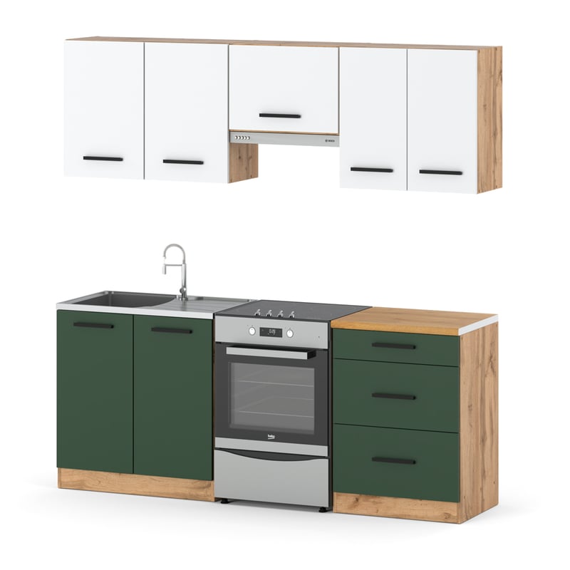 Kuchnia pojemna modułowa nowoczesna blat 2m wotan biała butelkowa zieleń