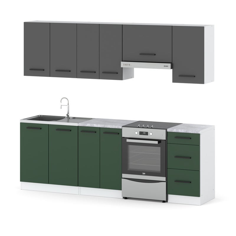 Kuchnia mokka modułowa blat 2.4m nowoczesna biała szara butelkowa zieleń