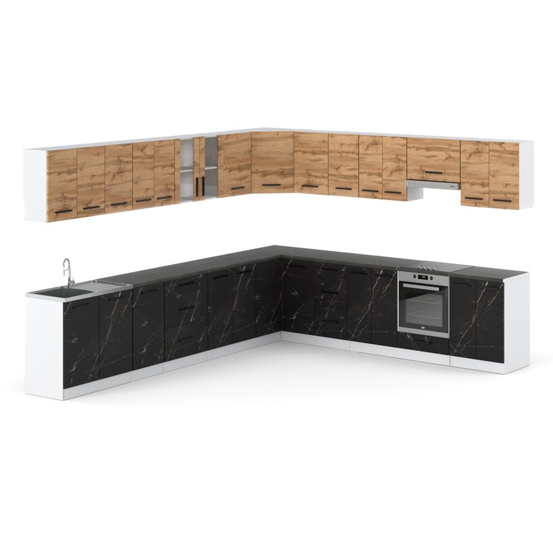 Meble kuchenne narożne modułowe z blatem 6.8m biały dąb wotan san sebastian