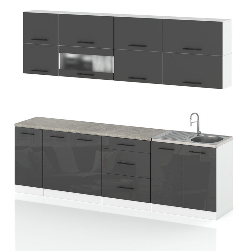 Meble kuchenne nowoczesne kuchnia robo lux 2.6m modułowa szary szary połysk