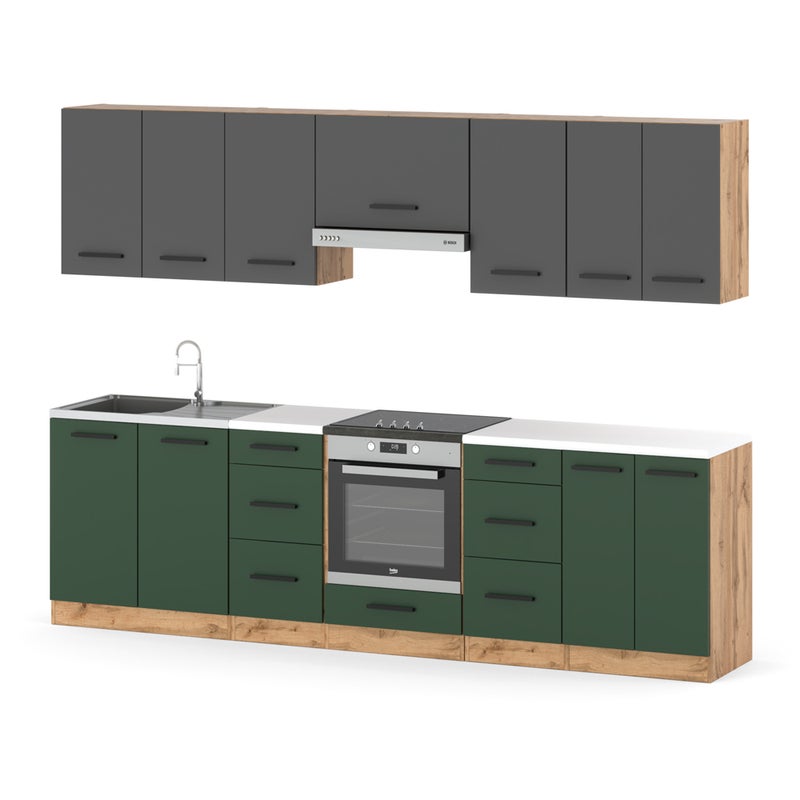 Kuchnia roma modułowa nowoczesna blat 2.8m wotan szary mat butelkowa zieleń